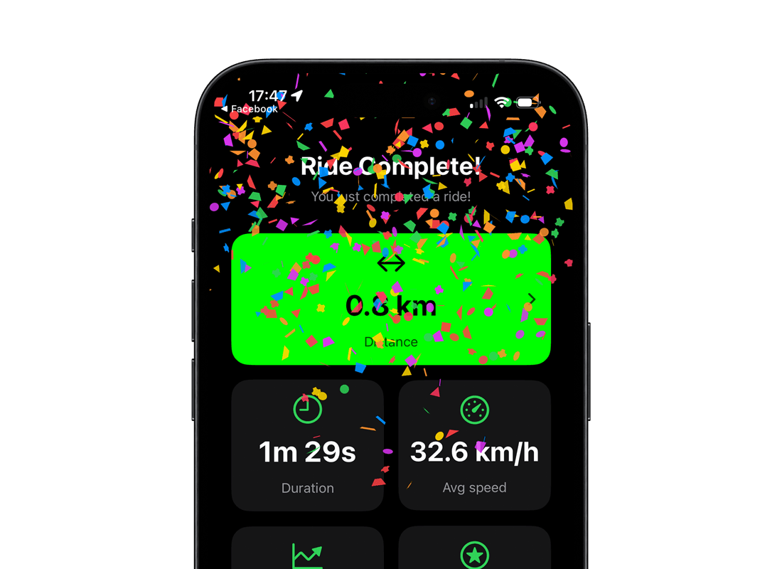 A ride complete screen with distance, duration and average speed