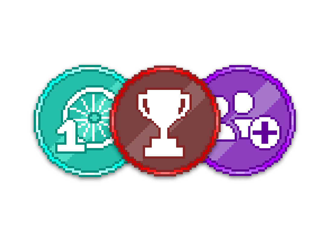 Three pixel-art achievement badges: a first-ride wheel, a trophy and a group ride