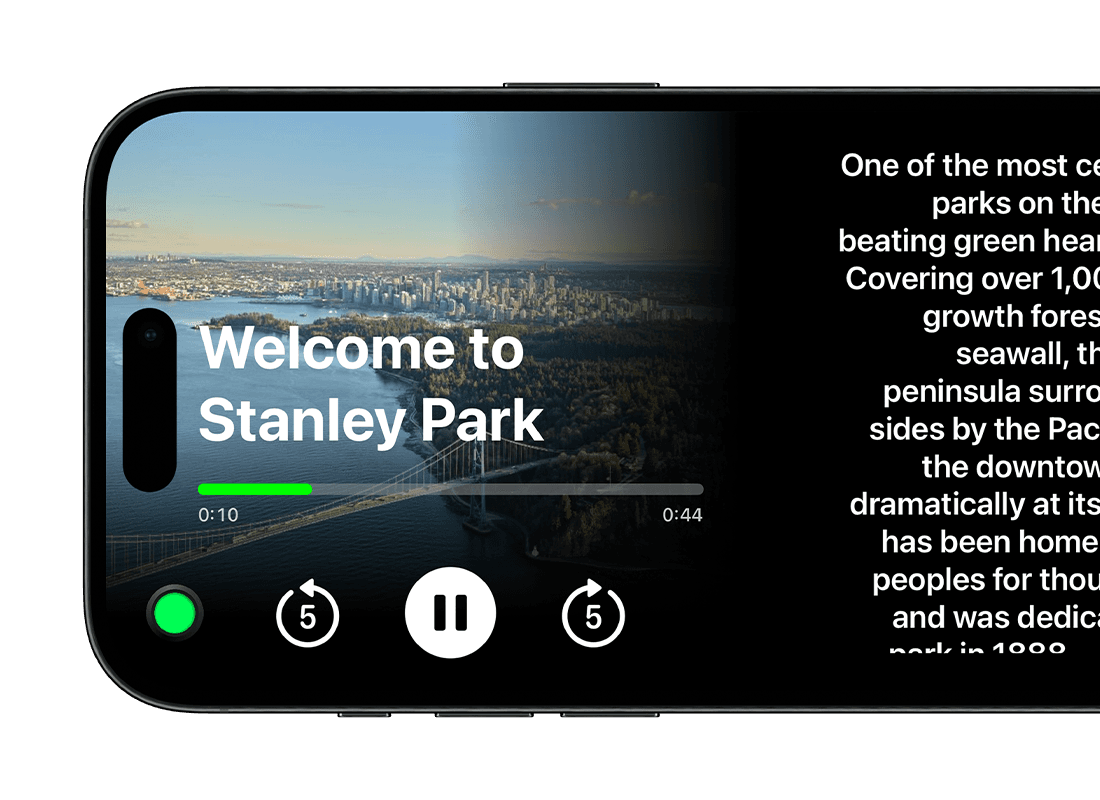 An audio story about Stanley Park playing on the ride screen