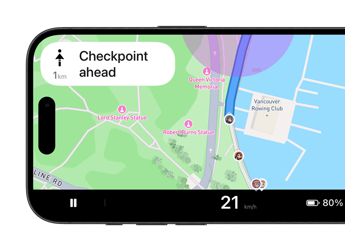 A group ride map with each rider shown and a checkpoint a kilometre ahead
